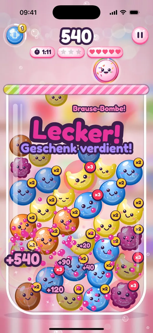 Eine Kette ploppt: „Lecker! Geschenk verdient!“ und +540 Punkte