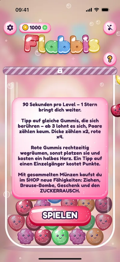 Das Menü von Flabbis mit Münzen-Anzeige und Spielregeln
