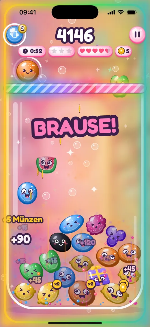 Zuckerrausch: „Brause!“, bunte Ränder, +90 Punkte und fünf Münzen springen aus dem Glas